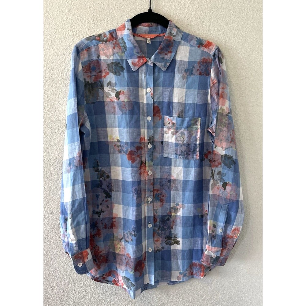 Joules Jeanne Women's Shirt Size 6 Button Up 100% Linen Gingham Floral Boho